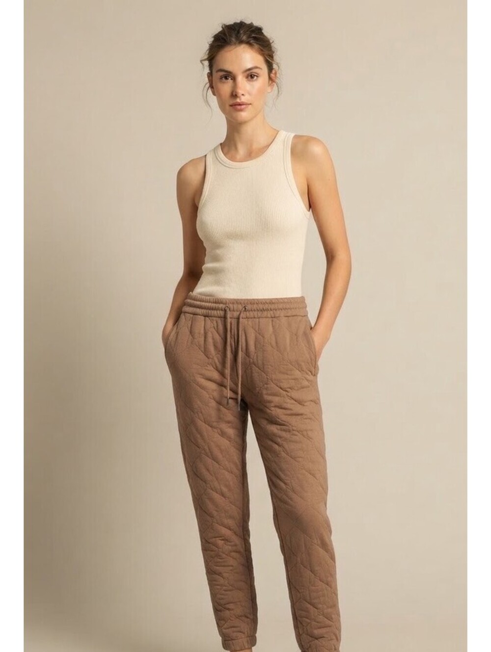 New York & Company Quilted Jogger Drawstring Sweatpants Taupe Size Medium